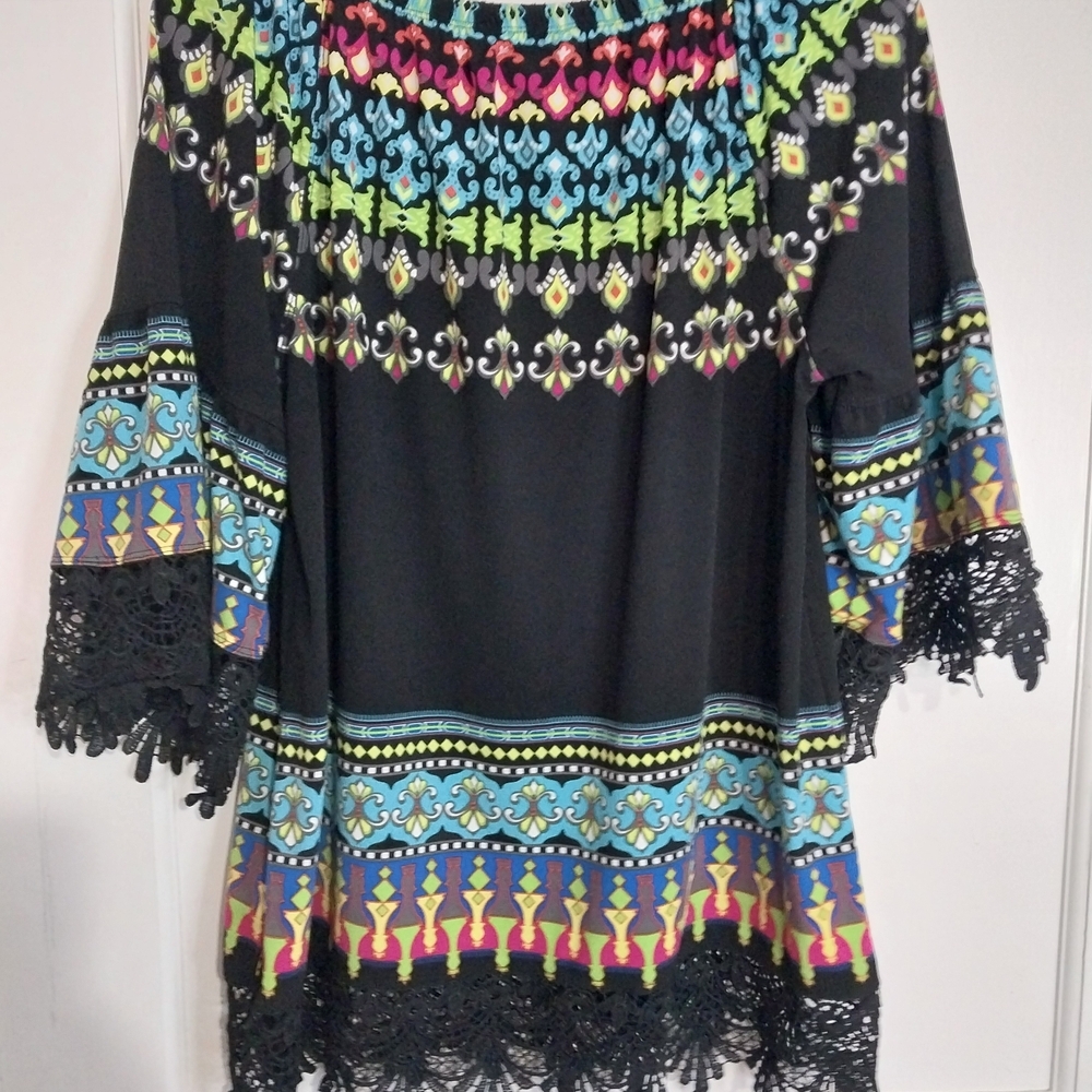 Ali Miles Black Tunic with Multicolor Geometric Trim and Crochet Hem - Picture 3 of 15
